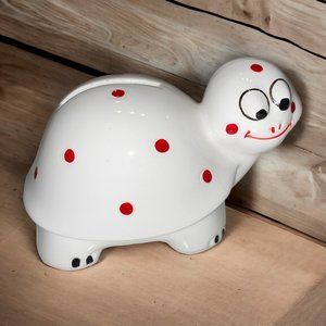 Small White Ceramic Red Polka Dot Turtle Bank